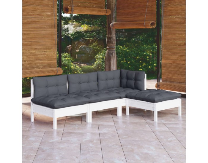 Sonata Set mobilier grădină cu perne, 4 piese, alb, lemn de pin