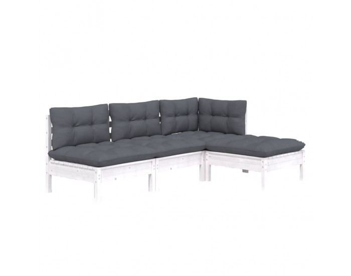 Sonata Set mobilier grădină cu perne, 4 piese, alb, lemn de pin