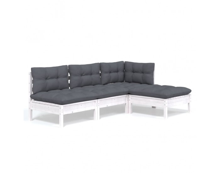 Sonata Set mobilier grădină cu perne, 4 piese, alb, lemn de pin