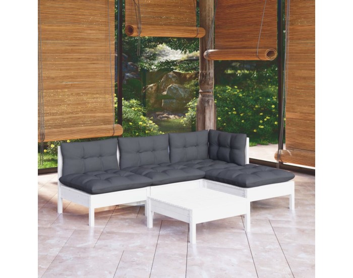 Sonata Set mobilier grădină cu perne, 5 piese, alb, lemn de pin