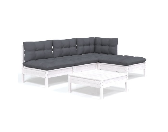 Sonata Set mobilier grădină cu perne, 5 piese, alb, lemn de pin