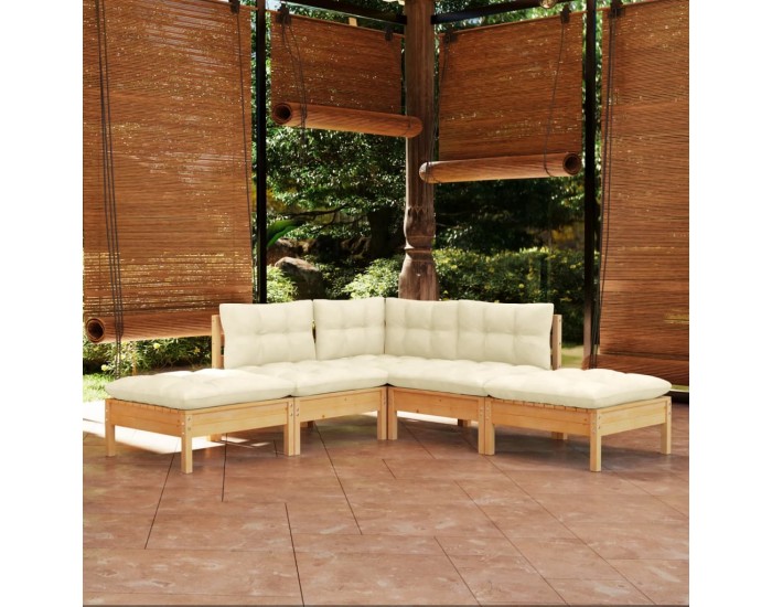 Sonata Set mobilier grădină cu perne crem, 5 piese, lemn de pin