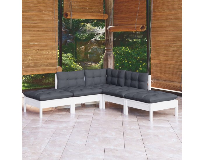 Sonata Set mobilier grădină cu perne, 5 piese, alb, lemn de pin