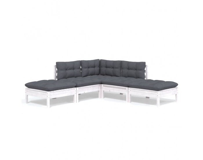 Sonata Set mobilier grădină cu perne, 5 piese, alb, lemn de pin
