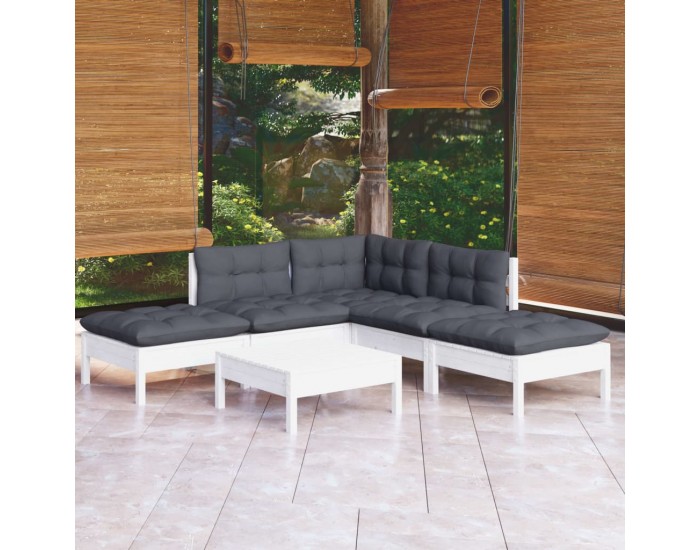Sonata Set mobilier de grădină cu perne, 6 piese, alb, lemn de pin