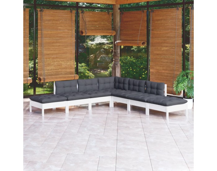 Sonata Set mobilier de grădină cu perne, 7 piese, alb, lemn masiv pin