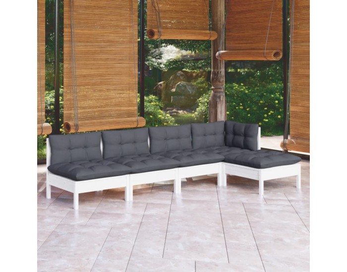 Sonata Set mobilier grădină cu perne, 5 piese, alb, lemn de pin