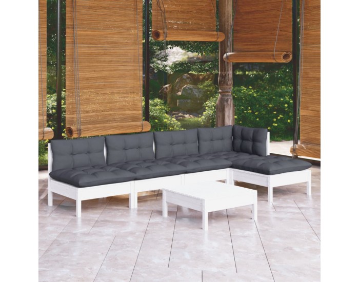 Sonata Set mobilier de grădină cu perne, 6 piese, alb, lemn de pin