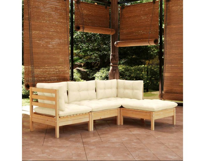 Sonata Set mobilier grădină cu perne, 4 piese, crem, lemn de pin