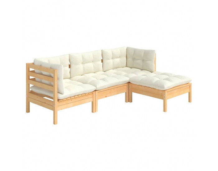 Sonata Set mobilier grădină cu perne, 4 piese, crem, lemn de pin