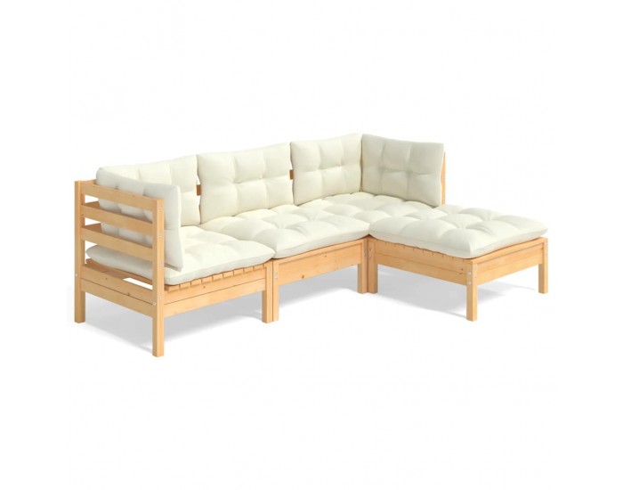 Sonata Set mobilier grădină cu perne, 4 piese, crem, lemn de pin