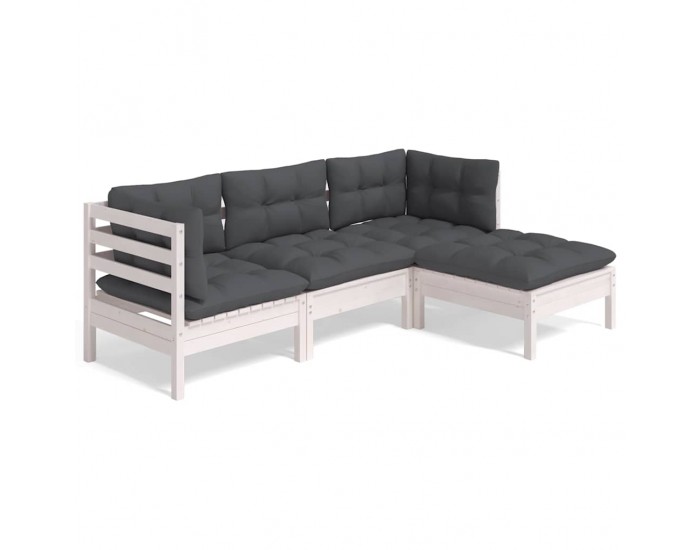 Sonata Set mobilier grădină cu perne, 4 piese, alb, lemn de pin