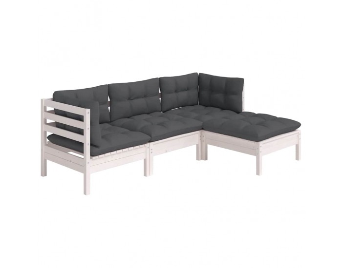 Sonata Set mobilier grădină cu perne, 4 piese, alb, lemn de pin