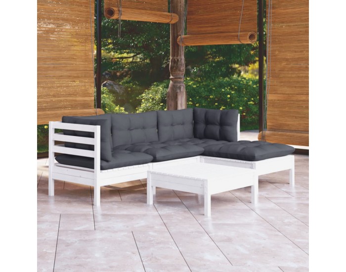 Sonata Set mobilier grădină cu perne, 5 piese, alb, lemn de pin