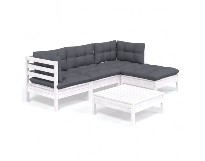 Sonata Set mobilier grădină cu perne, 5 piese, alb, lemn de pin
