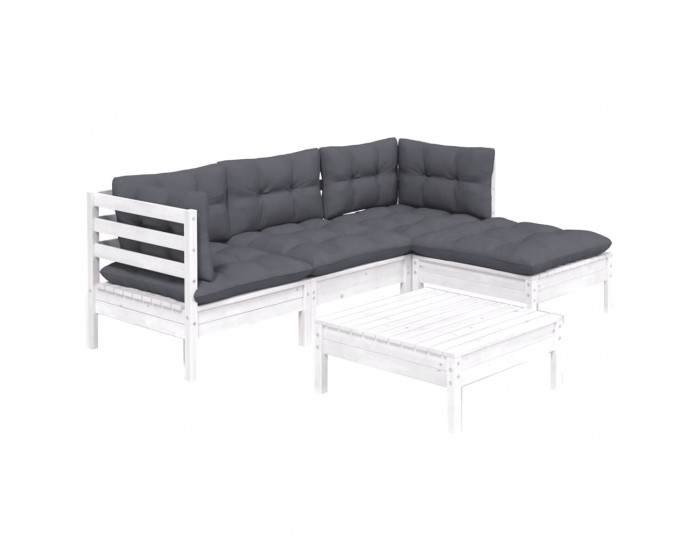 Sonata Set mobilier grădină cu perne, 5 piese, alb, lemn de pin