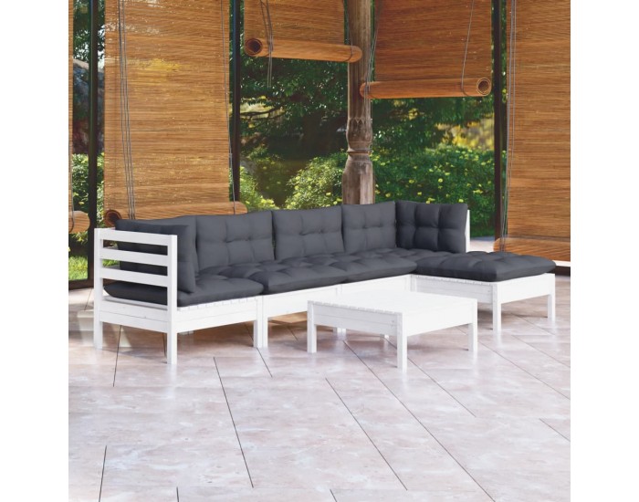 Sonata Set mobilier de grădină cu perne, 6 piese, alb, lemn de pin