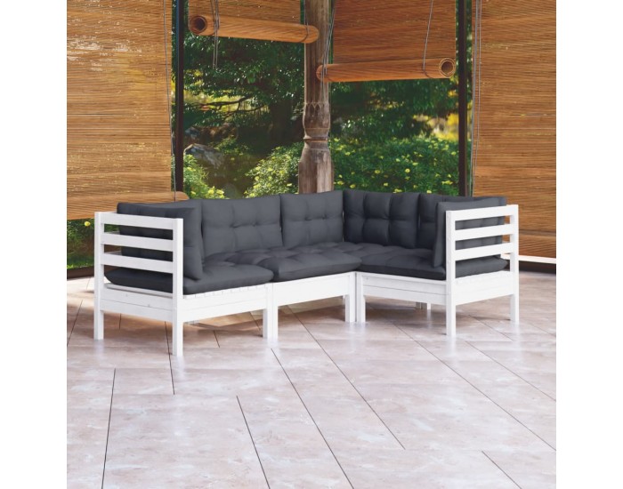 Sonata Set mobilier grădină cu perne, 4 piese, alb, lemn de pin