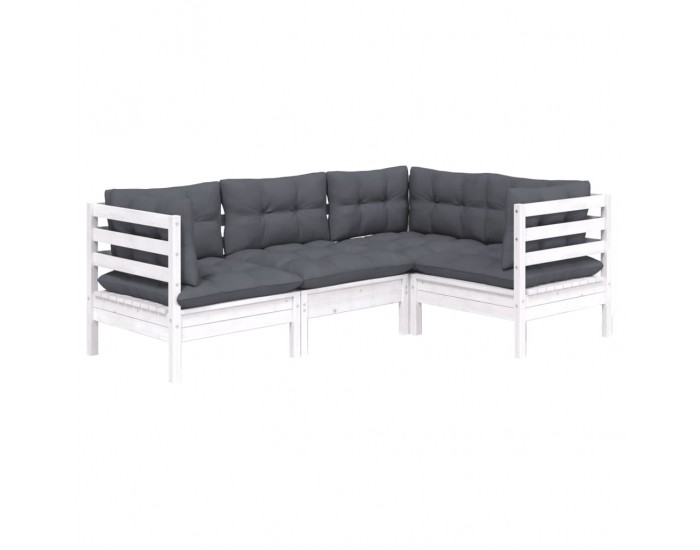 Sonata Set mobilier grădină cu perne, 4 piese, alb, lemn de pin