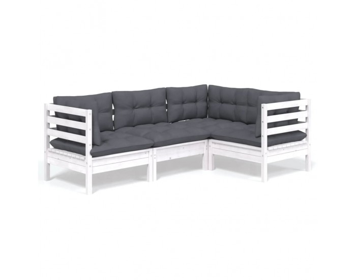Sonata Set mobilier grădină cu perne, 4 piese, alb, lemn de pin