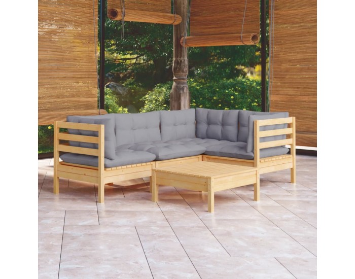 Sonata Set mobilier grădină cu perne gri, 5 piese, lemn masiv de pin