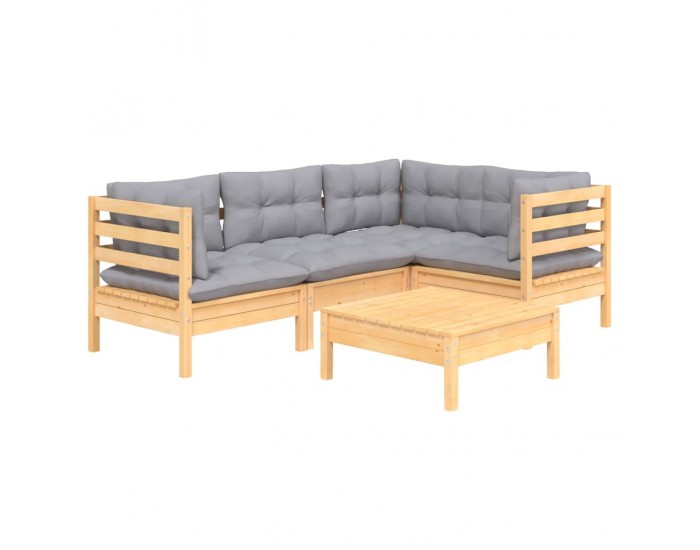 Sonata Set mobilier grădină cu perne gri, 5 piese, lemn masiv de pin