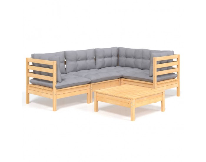 Sonata Set mobilier grădină cu perne gri, 5 piese, lemn masiv de pin