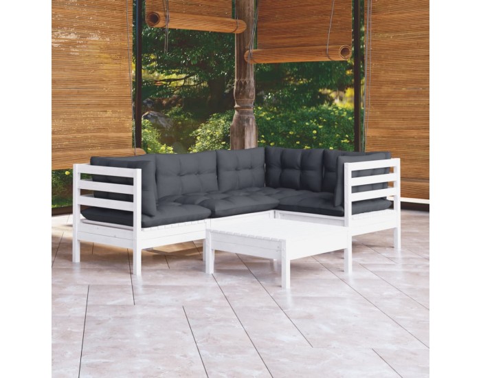 Sonata Set mobilier grădină cu perne, 5 piese, alb, lemn de pin