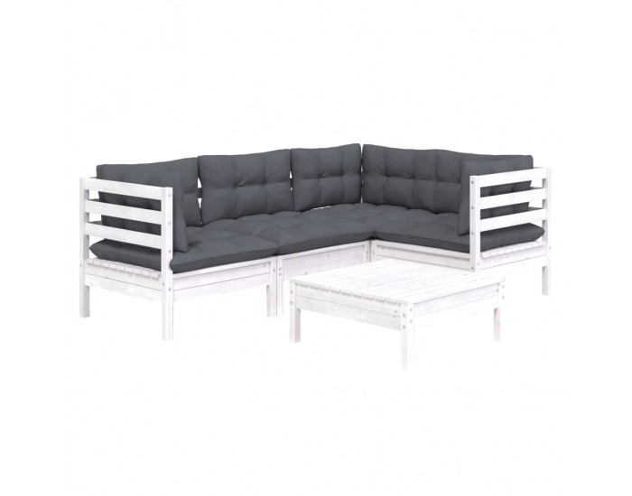 Sonata Set mobilier grădină cu perne, 5 piese, alb, lemn de pin