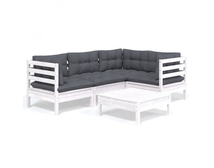 Sonata Set mobilier grădină cu perne, 5 piese, alb, lemn de pin