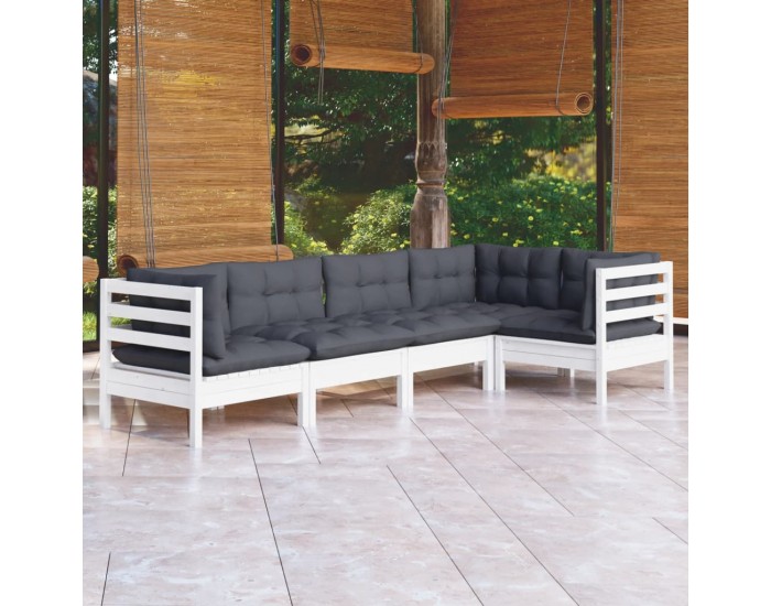 Sonata Set mobilier grădină cu perne, 5 piese, alb, lemn de pin