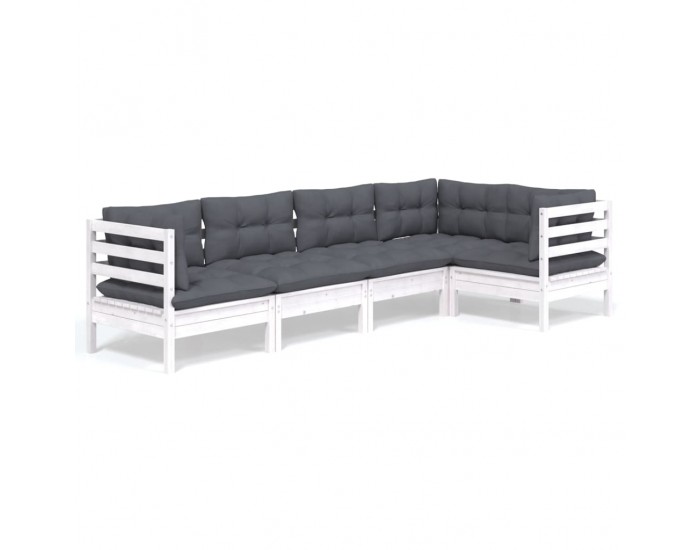 Sonata Set mobilier grădină cu perne, 5 piese, alb, lemn de pin