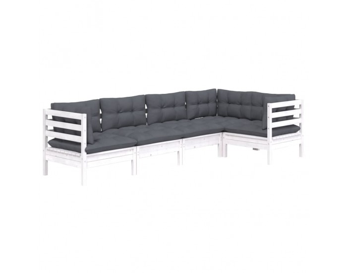 Sonata Set mobilier grădină cu perne, 5 piese, alb, lemn de pin