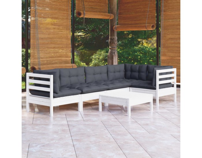 Sonata Set mobilier de grădină cu perne, 6 piese, alb, lemn de pin