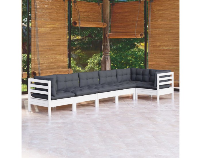 Sonata Set mobilier de grădină cu perne, 6 piese, alb, lemn de pin