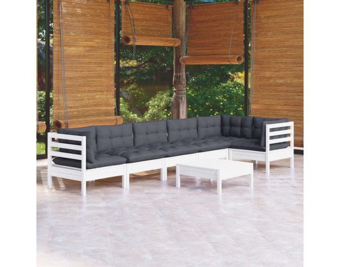 Sonata Set mobilier de grădină cu perne, 7 piese, alb, lemn de pin