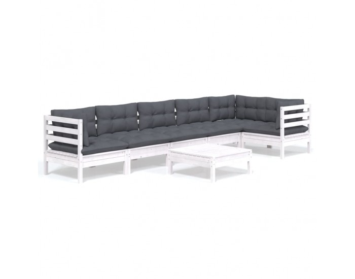 Sonata Set mobilier de grădină cu perne, 7 piese, alb, lemn de pin
