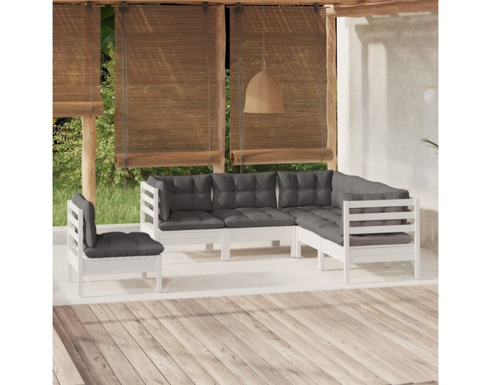 Sonata Set mobilier grădină cu perne, 5 piese, alb, lemn de pin