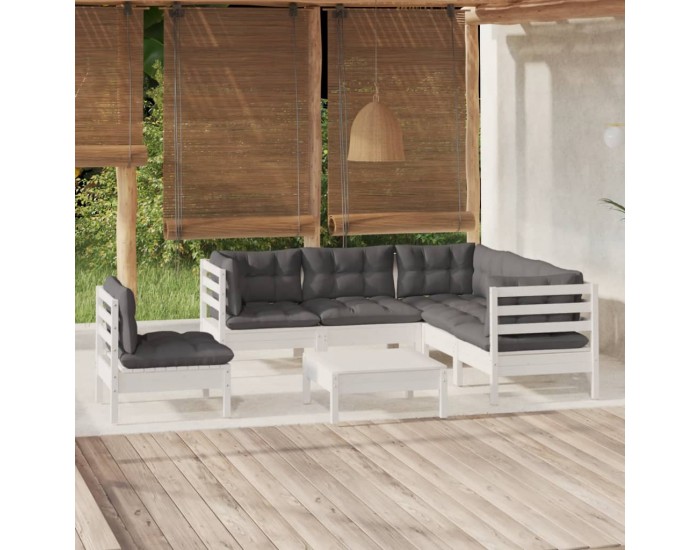 Sonata Set mobilier de grădină cu perne, 6 piese, alb, lemn de pin
