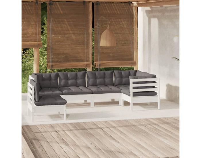 Sonata Set mobilier de grădină cu perne, 6 piese, alb, lemn de pin