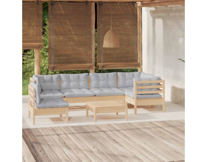 Sonata Set mobilier grădină cu perne gri, 7 piese, lemn masiv de pin