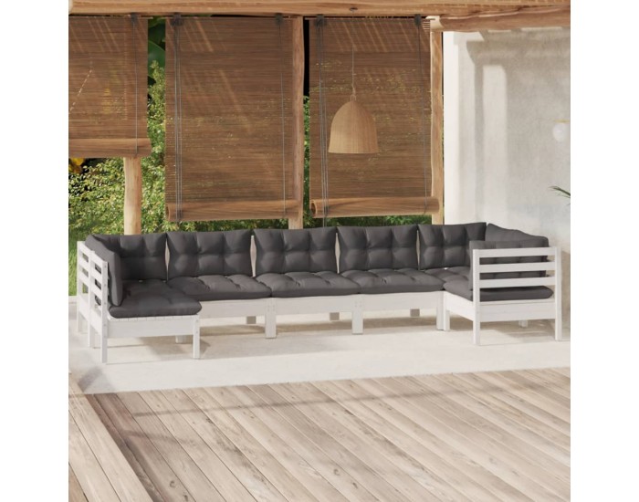 Sonata Set mobilier de grădină cu perne, 7 piese, alb, lemn de pin