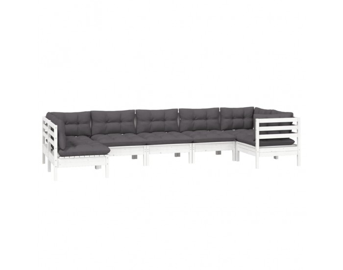 Sonata Set mobilier de grădină cu perne, 7 piese, alb, lemn de pin