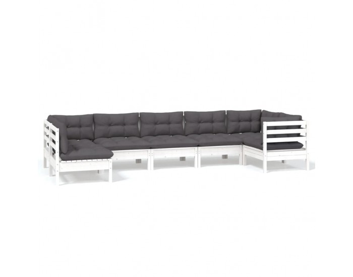 Sonata Set mobilier de grădină cu perne, 7 piese, alb, lemn de pin