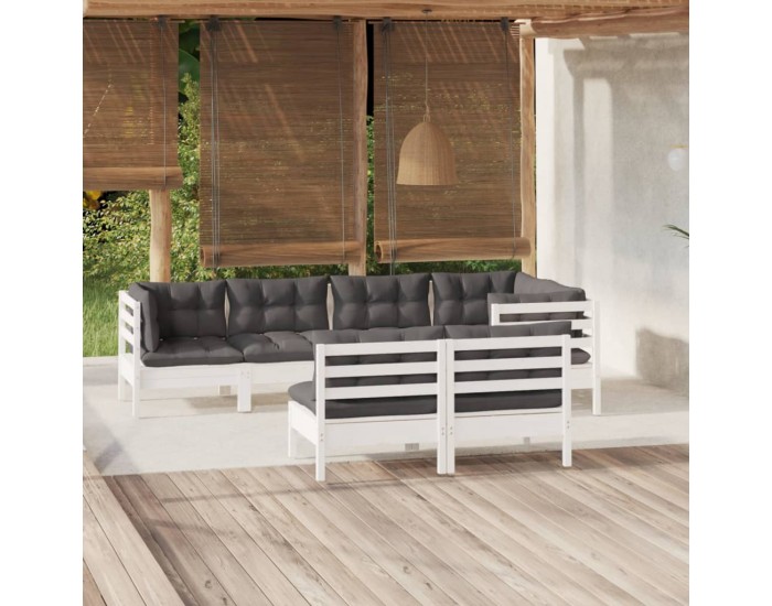 Sonata Set mobilier grădină cu perne, 7 piese, alb, lemn masiv de pin