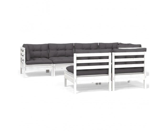 Sonata Set mobilier grădină cu perne, 7 piese, alb, lemn masiv de pin