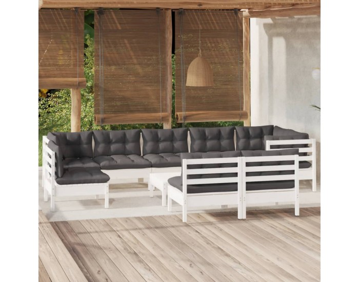 Sonata Set mobilier grădină cu perne, 10 piese, alb, lemn masiv pin