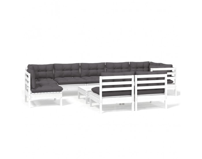 Sonata Set mobilier grădină cu perne, 10 piese, alb, lemn masiv pin