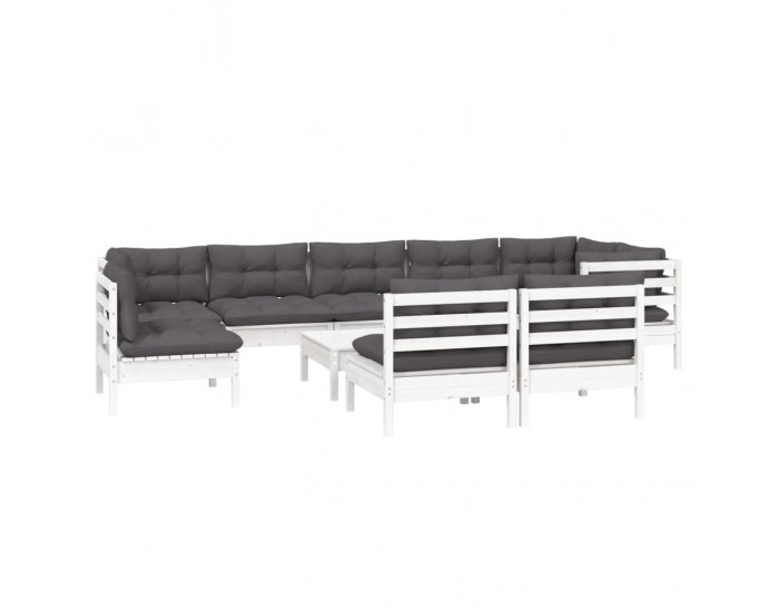 Sonata Set mobilier grădină cu perne, 10 piese, alb, lemn masiv pin