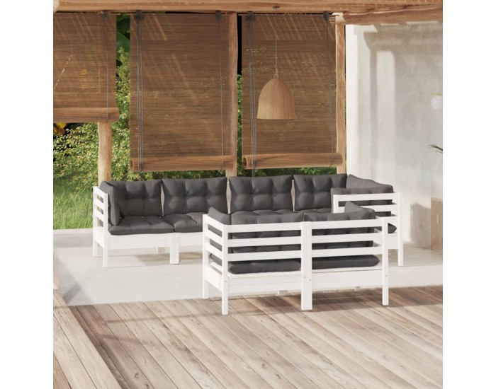Sonata Set mobilier grădină cu perne, 7 piese, alb, lemn masiv de pin